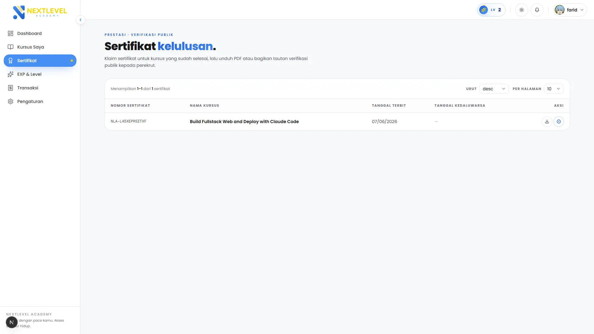 Certificate claim portal and earned profile achievement badges